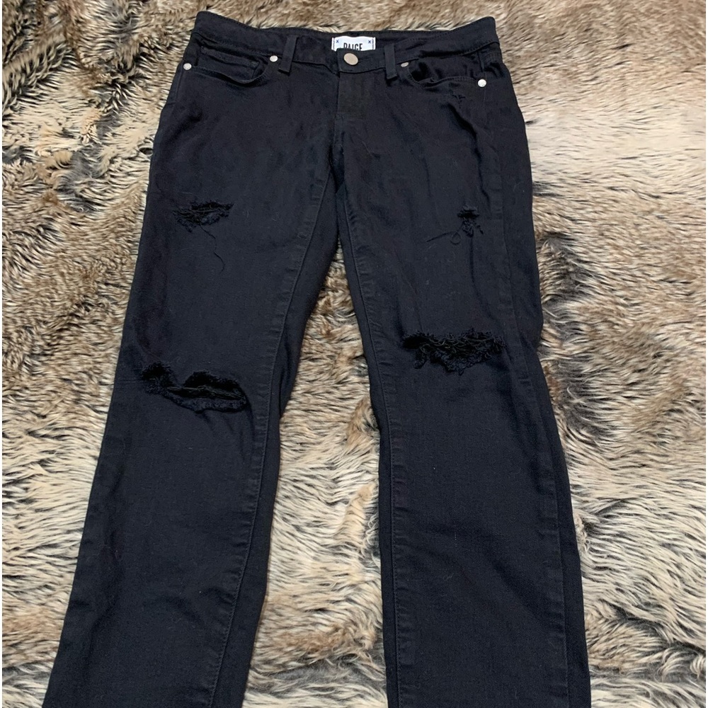 PAIGE VERDUGO ANKLE Skinny Jeans Black Overdye distressed, w/knee slashs sz. 27